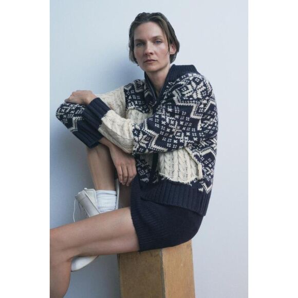 Navy White Zara Fair Isle Cable Knit Zip Front Collared Cardigan Sweater, NWT - Picture 8 of 9